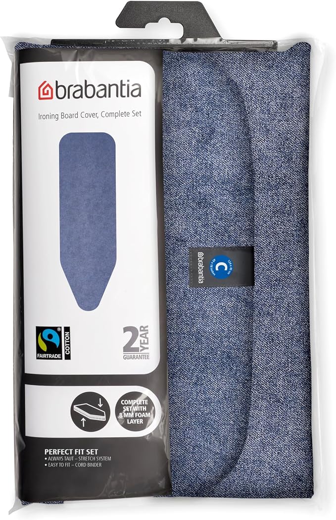 Brabantia Size C (49 x 18 inches) Replacement Ironing Board Cover with Thick Foam & Felt Padding (Denim Blue) Easy-Fit, 100% Cotton