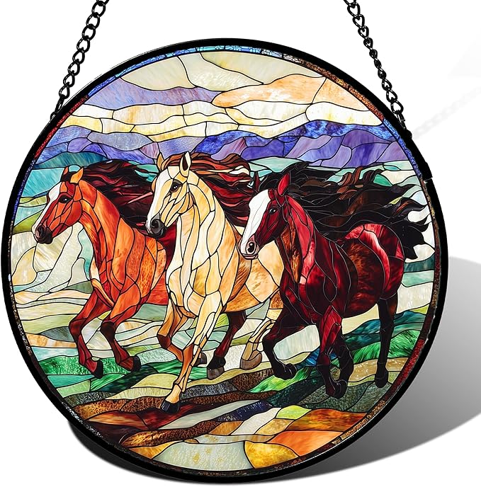 Stained Glass Window Hanging, Galloping Horses Sun Catcher for Door Home Decor Colorful Suncatcher Christmas Mother's Day Birthday Gifts for Women Men Mom and Nana 9.8 in