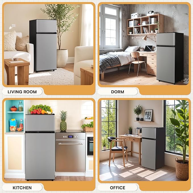 Manastin 4.4 Cu.Ft Mini Fridge with Freezer, Small Fridge with 2 Doors for Office, Kitchen, Dorm and Bedroom, Mini Refrigerator with Adjustable Shelves (Silver)