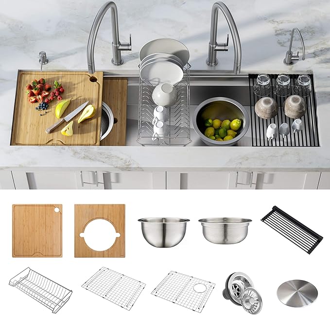 KRAUS Kore 57-inch Undermount Workstation 16 Gauge Single Bowl Stainless Steel Kitchen Sink with 10 Accessories, KWU210-57