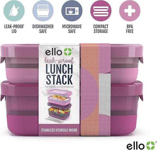 Ello 2-Pack Lunch Stack Plastic Food Storage Container Bento Box with Airtight, Leak-Proof Locking Plastic Lids and Silicone Base, BPA-Free, Freezer, Microwave, and Dishwasher Safe