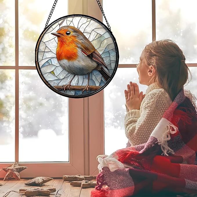 Stained Glass Window Hanging - Orange Grey Robin Sun Catcher for Door Garden Home Decor Bird Lovers Suncatcher Christmas Mother's Day Birthday Gifts for Women Men Mom Nana 9.8 in