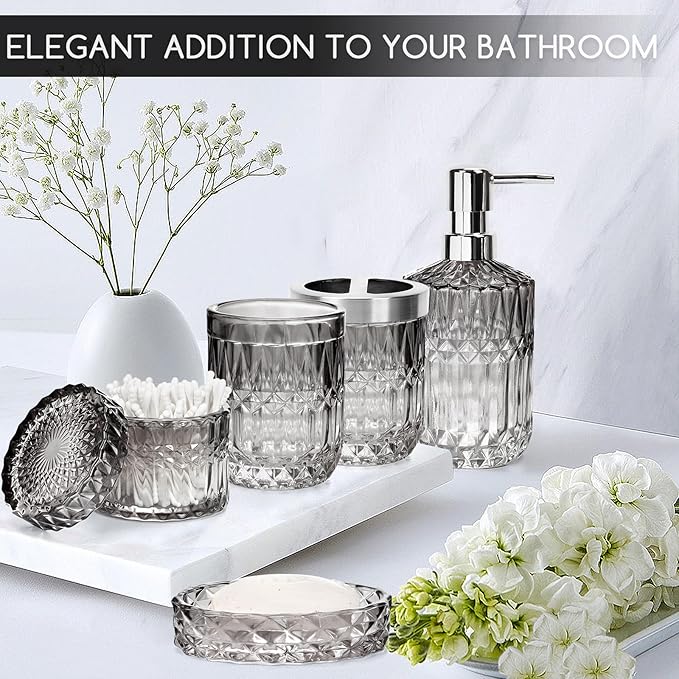 Black Bathroom Accessories Set, 5 Pcs Vintage Diamond Clear Glass Bathroom Set Include Lotion Soap Dispenser, Soap Dish, Toothbrush Holder, Tumbler, Cotton Swab Jar for Modern Bath Countertop Decor