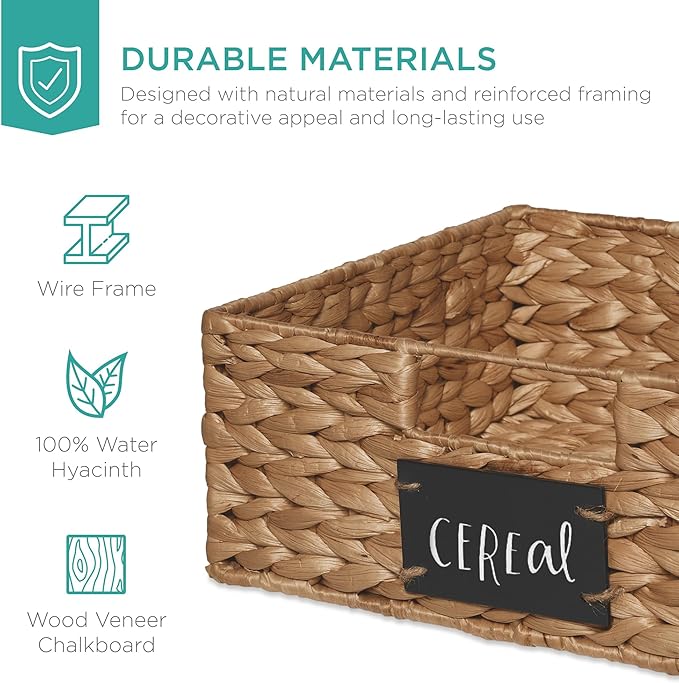 Best Choice Products Set of 4 13x12in Water Hyacinth Pantry Baskets, Woven Organizers w/Chalkboard Label, Chalk Marker - Chestnut