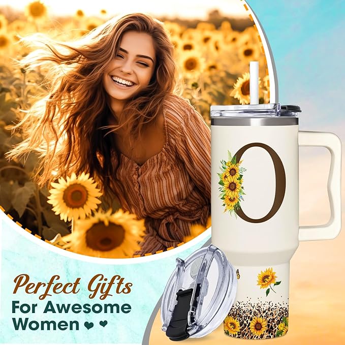 Personalized Birthday Gifts For Women - Sunflowers Monogrammed Cup For Boss Day, Christmas - Customized Gifts For Women, Mom, Wife, Coworkers, Boss Lady, Her - Custom Tumbler With Handle 40oz