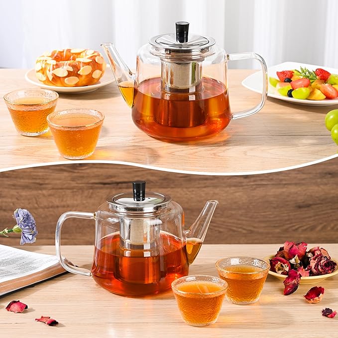 Glass teapot with infuser, Ehugos 1000ml(33oz) Stovetop Safe Hand Crafted Clear Glass Teapot with Removable Infuser for Loose Leaf Tea and Blooming Tea