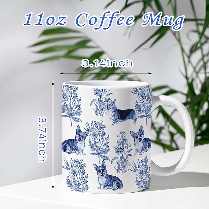 Corgi Blue French Toile Coffee Mug, Corgis Lover Gifts for Women, Blue Toile Coffee Cup for Corgi Mom, Dog Lovers Tea Coffee Mug Birthday Gifts for Dog Owners, 11 oz
