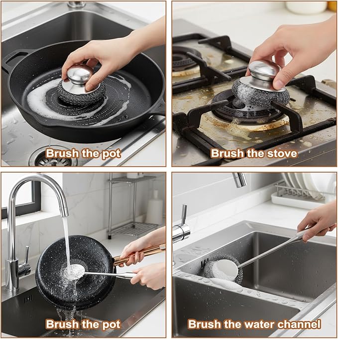 8 Pack Stainless Steel Scrubber with Handle Brush Set, 1 Long Brushes,2 Short Brushes,4 Wire Sponge Pads,1 Screwdriver for Cleaning Pots, Pans, Grills, BBQ, Dishes and Sink, Home Cooks