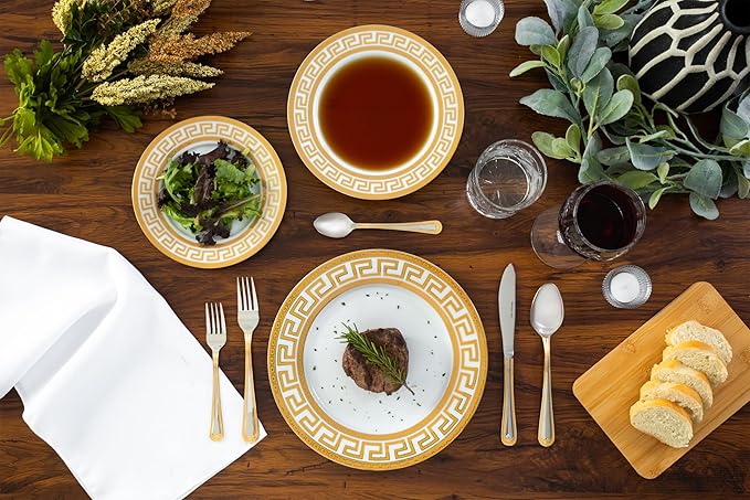 Porcelain Dinnerware Set for 1 - White with Gold 4 Piece Set Vintage Greek Key Design - Elegant Dinner Plates, Soup Plates and Mugs - Dining Kitchenware for Home, Formal Occasions and Everyday Dishes