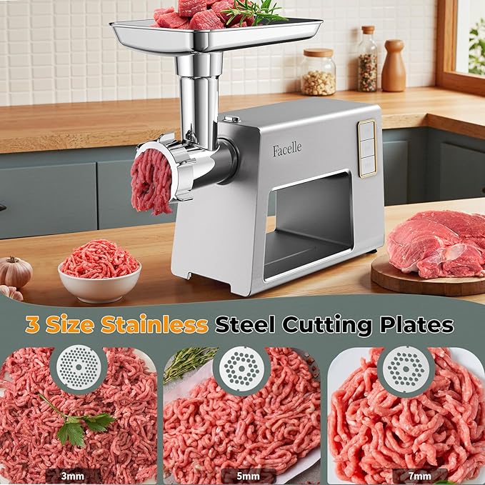Facelle Electric Meat Grinder for Home Use, Mincer Machine with Stainless Steel Blades & 3 Grinding Plates,Sausage Stuffer & Kubbe Kit, Food Grinder for Burgers, Kibbeh, Beef Sticks, Dog Food