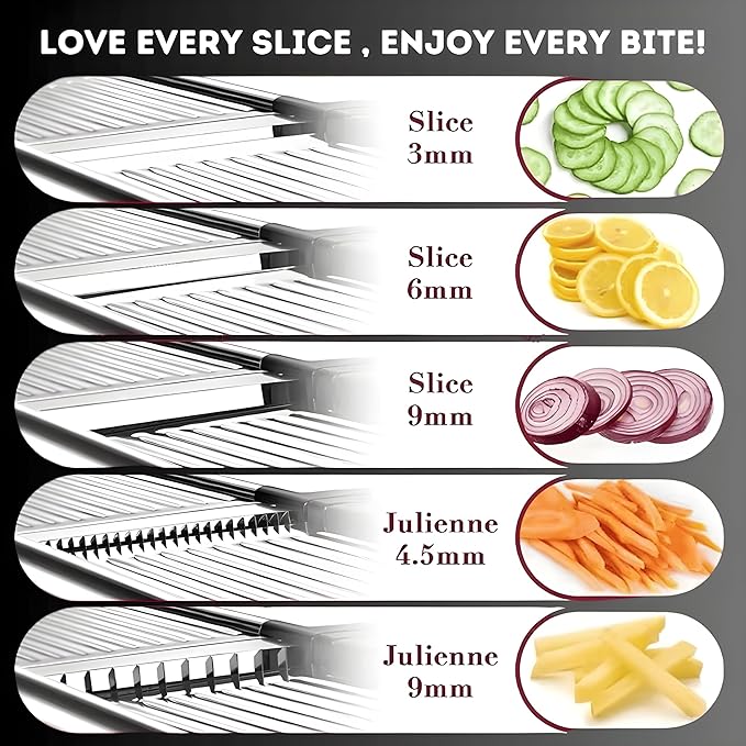 Mandoline Slicer for Kitchen, Adjustable Stainless Steel Vegetable Chopper & Food Slicer for Potato, Onion, Tomato, Cucumber & Fruit, Includes Julienne Blades & Cut-Resistant Gloves