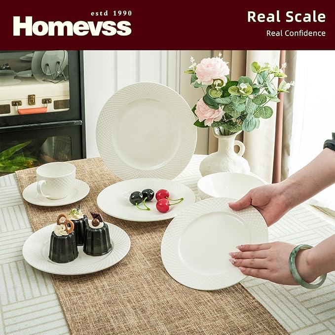 HomeVss, New Bone China Dinnerware Set, Embossed Diamond Design, 18pc Set