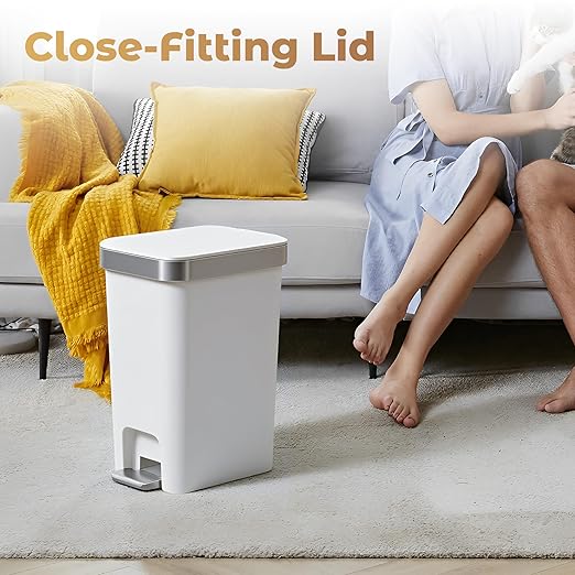 2Pack Small Bathroom Trash Can with Lid Soft Close, 10 Liter/2.6 Gallon Slim Garbage Can-Metal Step and Press top Lid, Mini Modern Waste Basket for Toilet, Office, Bedroom,Dorm,Grayish-White