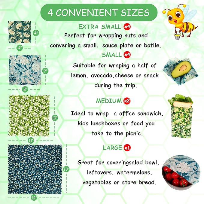 Reusable Beeswax Wrap, 11 Pack Eco-Friendly Beeswax Wraps For Food, Organic, Sustainable, Biodegradable, Zero Waste, Plastic-Free Food Storage (Flowers and Leaves)
