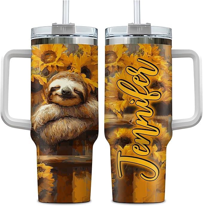 Personalized Sloth 40oz Tumbler with Handle and Straw Gifts for Women Girl, Sunflower Sloth Gifts For Animal Lovers, Birthday Christmas Gift Idea, Custom Name Stainless Steel Travel Cup
