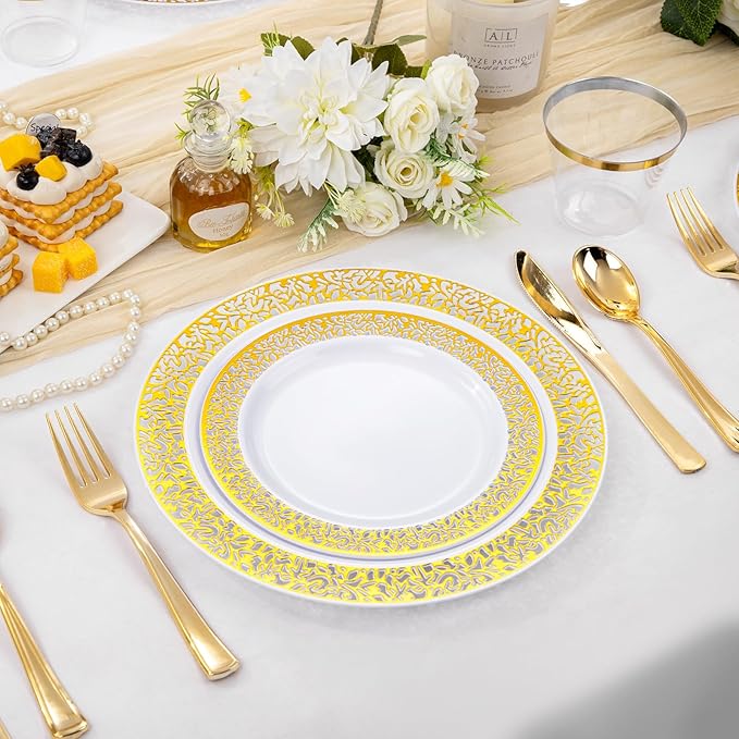 WELLIFE 210Pcs Gold Plastic Dinnerware - Disposable Silverware and Cups, Include:30 Dinner Plates, 30 Dessert Plates, 30 Paper Napkins, 30 Cups, 30 Gold Plastic Cutlery Set for Party and Christmas