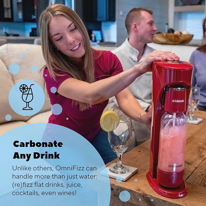 Drinkmate OmniFizz Sparkling Beverage Maker CO2 Bundle - Sparkling Water/Soda Streaming Machine That Carbonates Any Drink - Includes 4 CO2 Cylinders,1 Carbonation Bottle,1 Fizz Infuser - Classic White