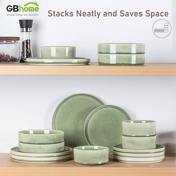 GBHOME Stoneware Dinnerware Sets for 8,Round Reactive Glaze Ceramic Plates and Bowls Set,Highly Scratch Resistant | Dishwasher & Microwave Safe Dishes Set,Service for 8(24pcs)，Olive Green
