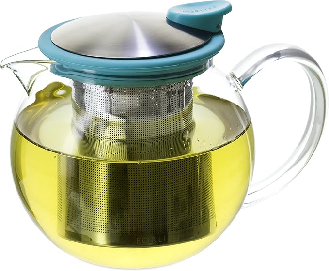 FORLIFE Bola Glass Teapot with Basket Infuser, 25oz./750ml., Turquoise
