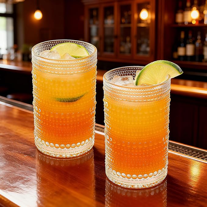 Mapoxy Hobnail Drinking Glasses Set of 12, 12 Oz Highball Glasses, Clear Embossed Water Glass Cups for Beer, Whiskey, Juice & Cocktails, Multi-Use Boho Glassware Set for Home, Bar, Kitchen & Gifting