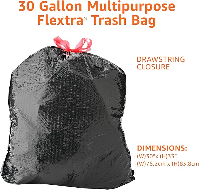 Amazon Basics Flextra Multipurpose Drawstring Trash Bags, 30 Gallon, 50 Count (Pack of 6)