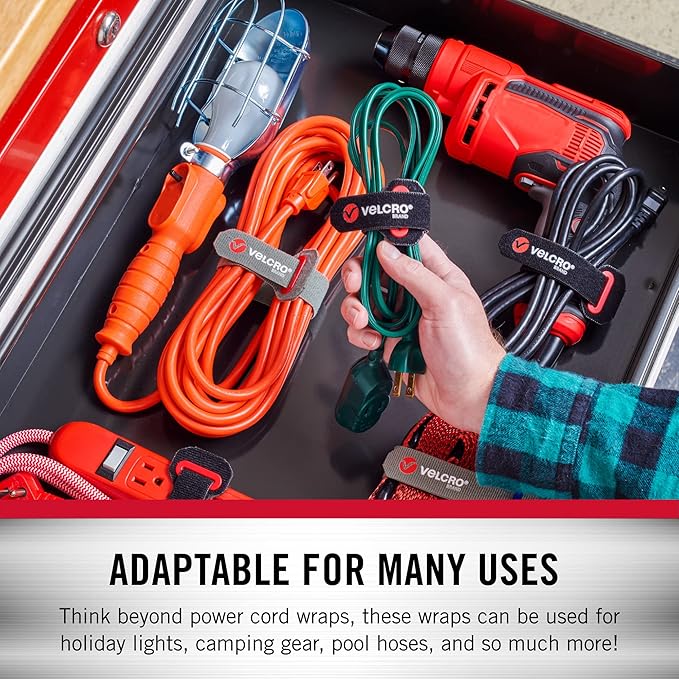 VELCRO Brand Power Cord Wraps | Heavy Duty Straps for Extension Cords, Ropes, Cables | Reinforced Slotted Grommet for Strong Snag Free Cinching | 12 Inch, 2Pk, Black and Gray