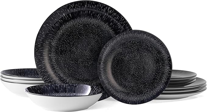 Bestone Plates and Bowls Sets,12 Pieces Round Porcelain Dinnerware Sets,Dishes, Plates, Dishware Sets,Chip Resistant Ceramic Dish Set Dining Dinner Ware Service for 4,Starry Sky Black