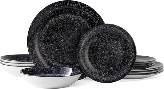 Bestone Plates and Bowls Sets,12 Pieces Round Porcelain Dinnerware Sets,Dishes, Plates, Dishware Sets,Chip Resistant Ceramic Dish Set Dining Dinner Ware Service for 4,Starry Sky Black