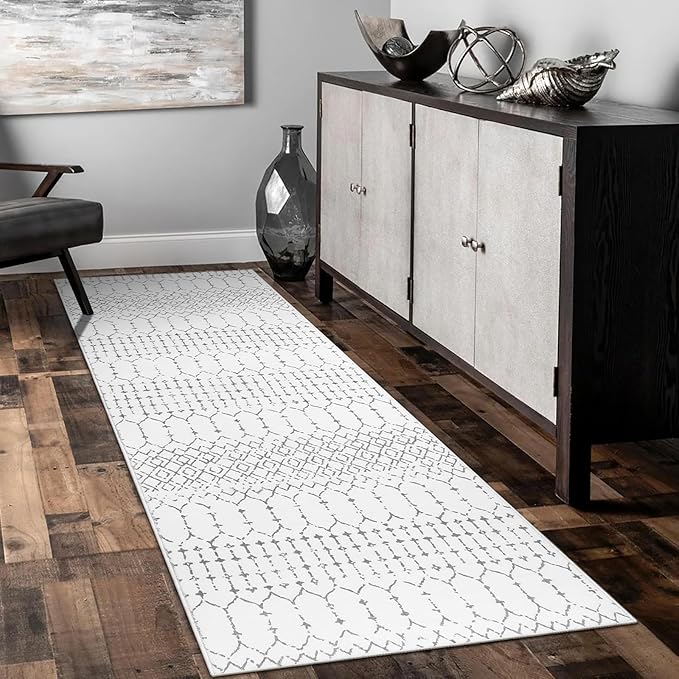 Lahome Moroccan Washable Runner Rug - 2x6 Non-Slip Throw Hallway Rug Runner Ultra-Thin Soft Kitchen Laundry Room White Print Distressed Carpet for Entryway Bathroom Living Room
