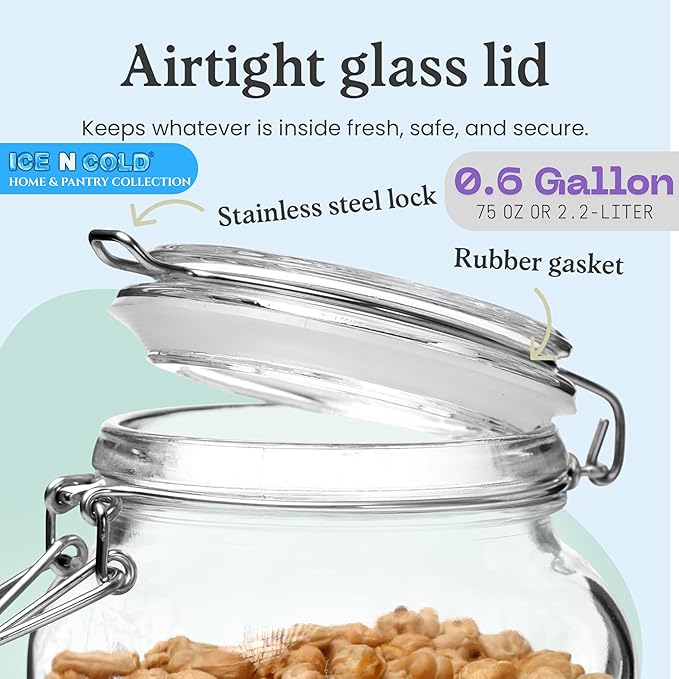 Airtight Glass Storage Jars with Clamp Lid – Food Storage Containers with Rubber Gasket Seal – Pantry & Kitchen Canisters for Dry Goods, Coffee, Sugar, Pasta – 0.4L to 2.2L Sizes (4, 75oz | 2.2L)