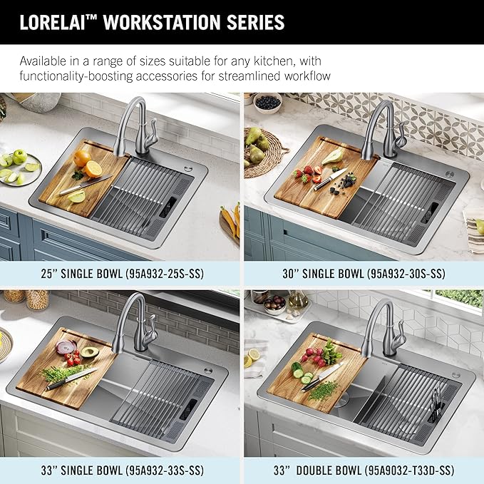 DELTA FAUCET 95A9032-T33D-SS Lorelai Workstation Kitchen Sink Drop-In Top Mount 16 Gauge Stainless Steel Double Bowl with WorkFlow Ledge and Chef’s Kit of 8 Accessories, 33 Inch