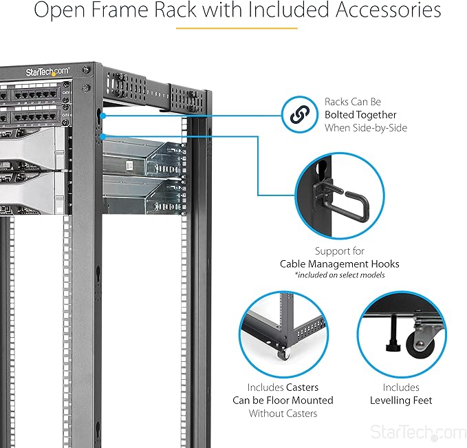 StarTech.com 4-Post 25U Mobile Open Frame Server Rack, 19in Network Rack with Wheels, Rolling Rack for Computer/AV/Data/IT Equipment - Casters, Leveling Feet or Floor Mounting (4POSTRACK25U)