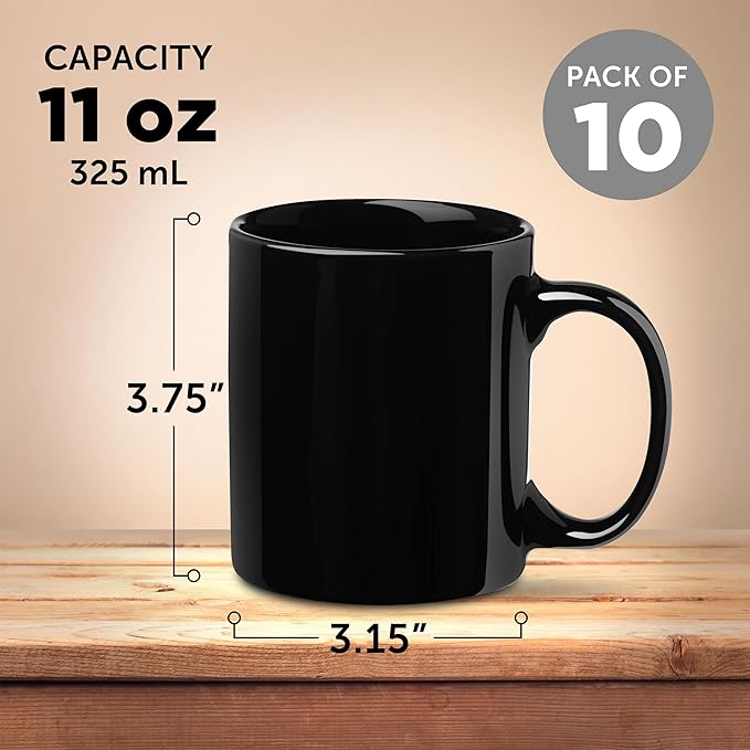 DISCOUNT PROMOS Ceramic Mugs – 11 oz. Set of 10, Personalized Bulk Pack, Perfect for Hot or Iced Drinks, Gaming – Black
