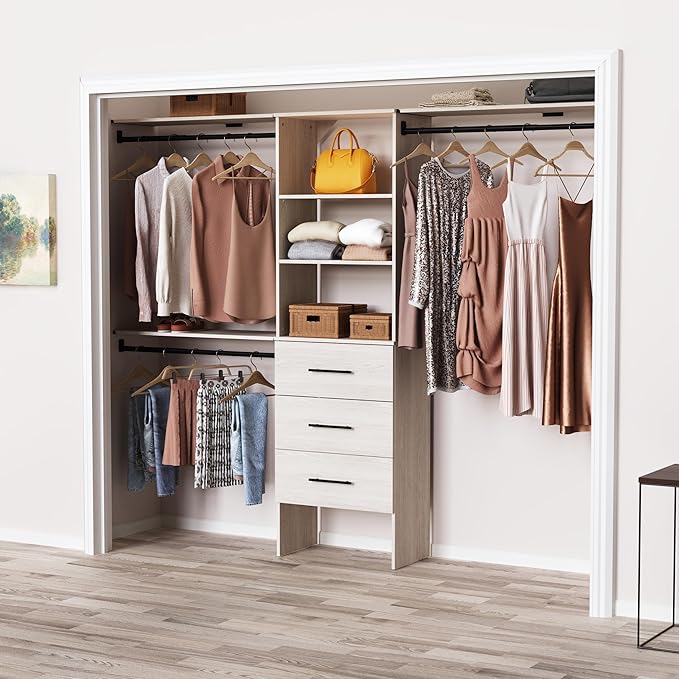 ClosetMaid SuiteSymphony 25-Inch Closet System Tower with (3) Hanging Rods, (3) Drawers, and (3) Top Shelves, White Timber