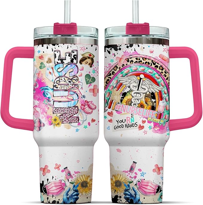 Coffee Straws Student Practitioner Cup Er Cups Leopard Travel Women Nurses Print For, Nurse Gifts, Tumbler 40 Oz With Handle Lid And Straw, Nurse Rainbow Collaboration