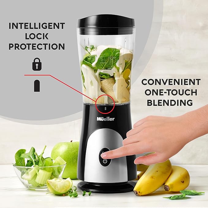 Mueller Smoothie Blender for Smoothies - Personal Blender for Shakes, Frozen Drinks, Baby Food & More, 15oz Travel Cup and Lid, Durable Stainless Steel Blades for Powerful Blending Performance, Black