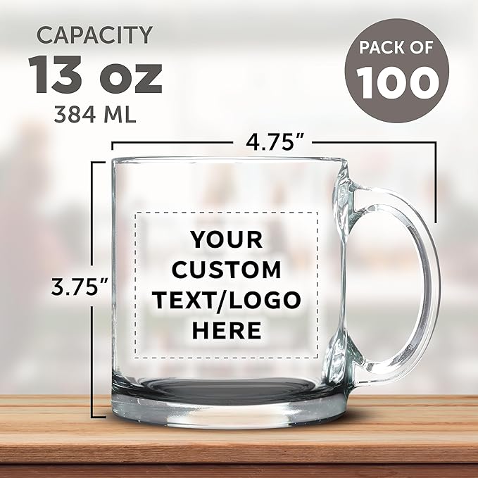 Custom Libbey Clear Glass Coffee Mugs 13 oz. Set of 100, Personalized Bulk Pack - Perfect for Coffee, Tea, Espresso, Hot Cocoa, Other Beverages - Black Bottom
