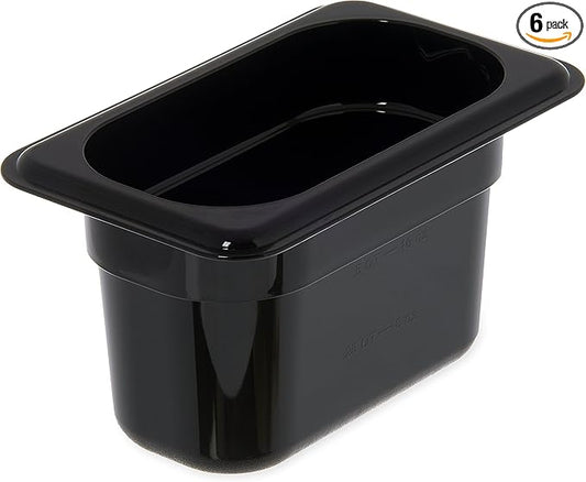 Carlisle FoodService Products Storplus Food Storage Container Food Pan, Chafing Pan for Catering, Buffets, Restaurants, Polycarbonate (Pc), 1/9 Size 4 Inches Deep, Black, (Pack of 6)
