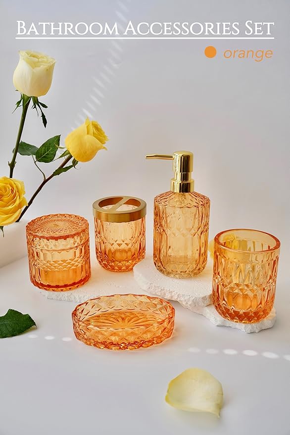 Orange Bathroom Accessories Set, 5Pcs Clear Glass Bathroom Set Accessories, Lotion Soap Dispenser, Soap Dish, Tumbler, Toothbrush Holder Set, Qtips Holder for Crystal Vintage Bathroom Decor,