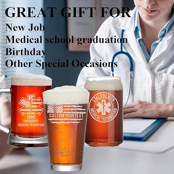 Personalized Star of Life Glass, Custom Beer Glass with Engraved Name & Text, Funny Gifts for Paramedics and EMTS, Christmas Birthday Gift for Emergency Nurse Friends Coworkers