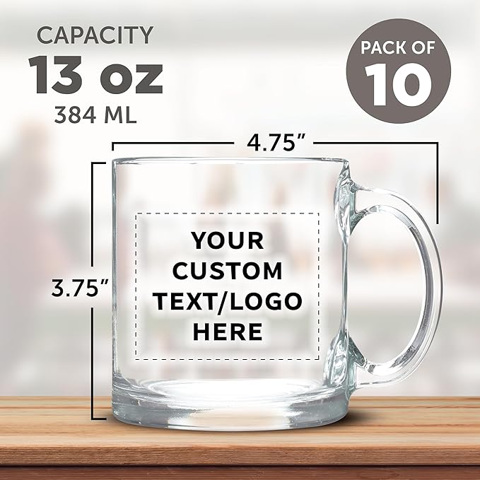 Custom Libbey Clear Glass Coffee Mugs 13 oz. Set of 10, Personalized Bulk Pack - Perfect for Coffee, Tea, Espresso, Hot Cocoa, Other Beverages - Clear Bottom