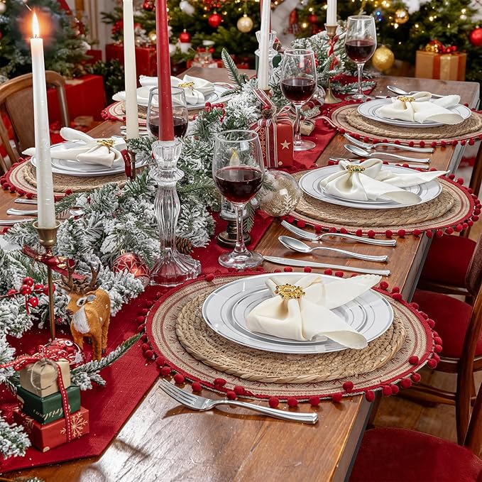 175PCS Sliver Plastic Plates - Christmas Plates Disposable - White Plate with Silver Trim 25Guests Plastic Dinnerware Sets with Rolled Napkins for Wedding/Birthday/Christmas
