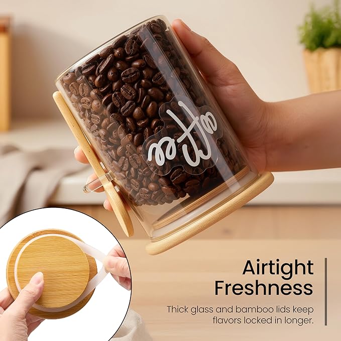 Talented Kitchen Glass Food Storage Containers with Lids - 4-Pack 17 oz Glass - Stackable Kitchen Jars for Pantry, Spice Jars & Coffee Containers for Countertop - Attached Spoons & 157 Labels