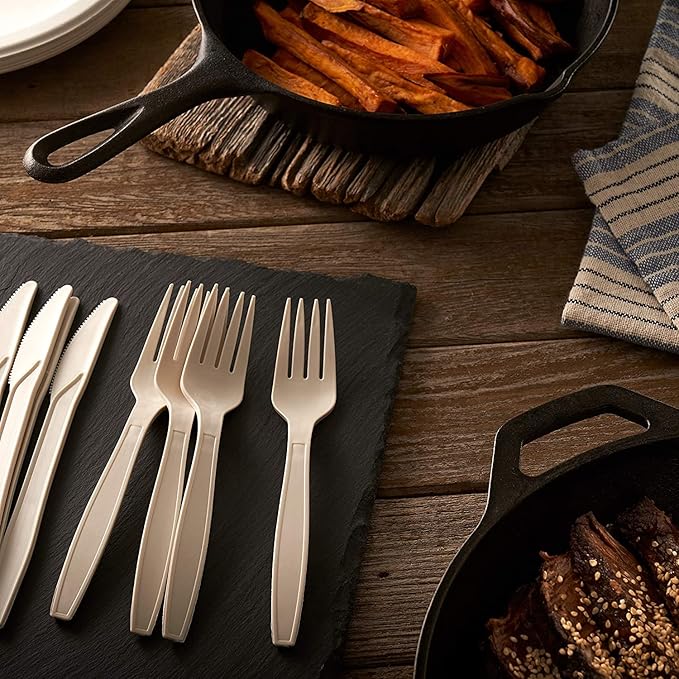 300 Piece (50 Sets) Biodegradable Paper Plates Set (EXTRA LONG UTENSILS), Disposable Dinnerware Set, Eco Friendly Compostable Plates & Utensil include Plates, Cups, Forks, Knives and Spoons