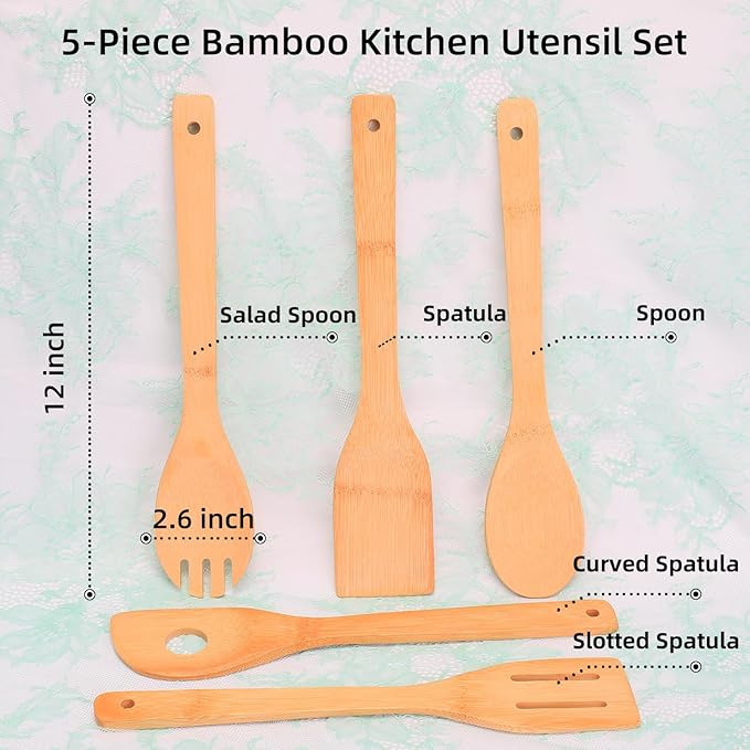 Kitchen Utensils Set, Bamboo Wooden Cooking Utensils Set with Spoons and Spatula for Nonstick Cookware, Simple Modern Kitchen Gadgets for Apartment Essentials/Camping/Travel/RV (5-Piece)