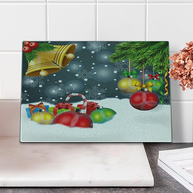 Ambesonne Christmas Cutting Board, Words Print with Original Celebration Objects with Presents and Candies Image, Decorative Tempered Glass Cutting and Serving Board, Small Size, Grey Yellow