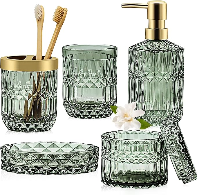 Green Bathroom Accessories Set, 5 Pcs Vintage Diamond Clear Glass Bathroom Set Include Lotion Soap Dispenser, Soap Dish, Toothbrush Holder, Tumbler, Cotton Swab Jar for Modern Bath Countertop Decor