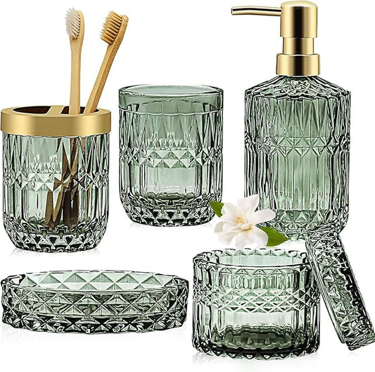 Green Bathroom Accessories Set, 5 Pcs Vintage Diamond Clear Glass Bathroom Set Include Lotion Soap Dispenser, Soap Dish, Toothbrush Holder, Tumbler, Cotton Swab Jar for Modern Bath Countertop Decor