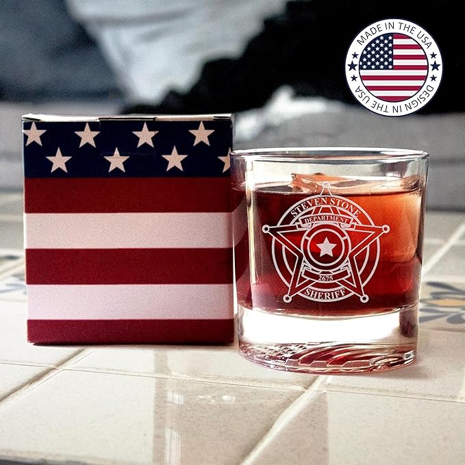 Personalized Whiskey Glass with Sheriff Badge for Law Enforcement, Custom Name and Number, 12oz Engraved American Flag Glassware, Custom Sheriff Gift For Men Dad Father's Day PD Police Officer