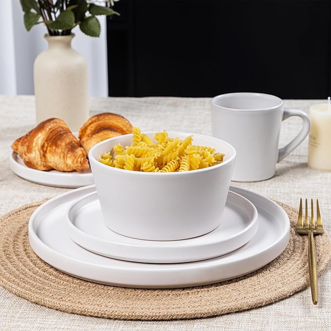 Plates and Bowls Sets for 4 - CJDC-QUELO 16 Piece Stoneware Dinnerware Sets with Mugs, Ceramic Dishware Sets for Kitchen Dining Use, Chip and Scratch Resistant Microwave Dishwasher Safe, White